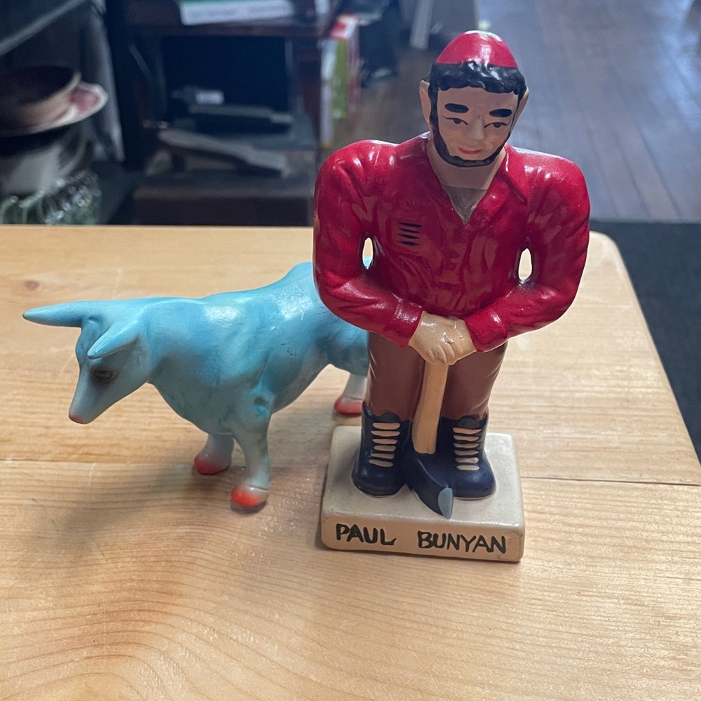 Vintage Ceramic Cowparade Blue Bull Figurine and Paul Bunyan